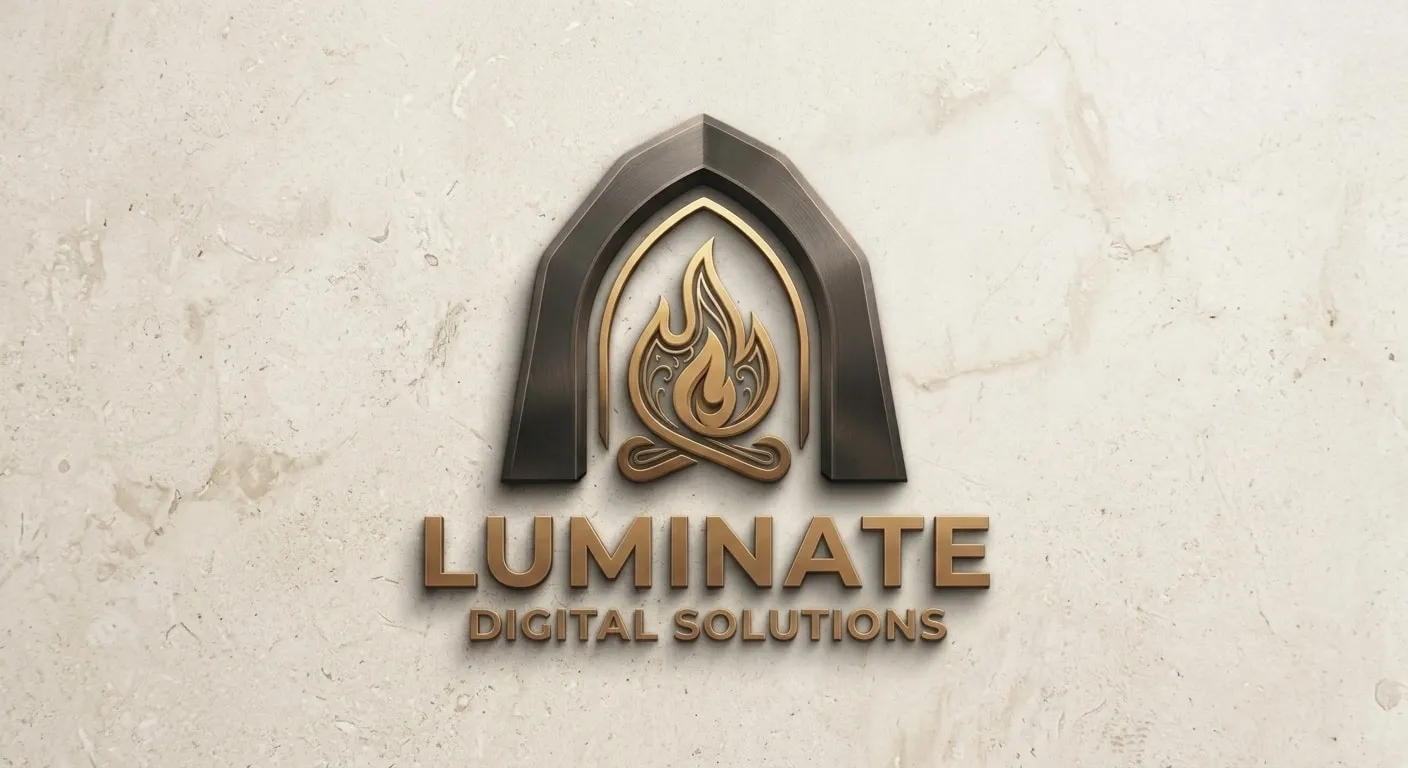 The Luminate arch-and-flame logo in bronze and charcoal, mounted on a limestone wall
